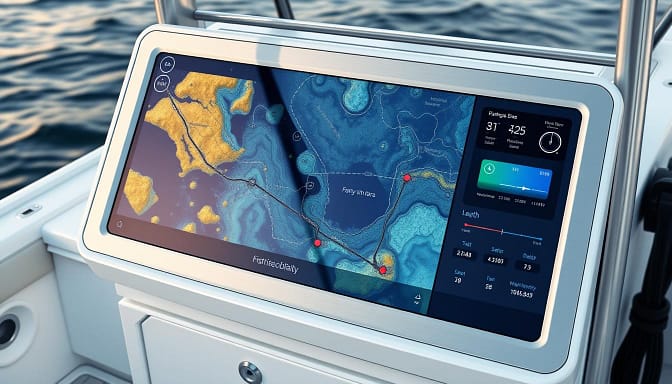 A sleek, high-tech fishing console displaying a detailed GPS map overlaid with real-time sonar data. The map shows intricate bathymetric contours, underwater structures, and fish-holding zones. Intuitive controls and screens display water temperature, depth, and advanced fish-finding capabilities. A modern, minimalist design with brushed metal accents and LED backlighting creates a sophisticated, futuristic atmosphere. The console is mounted on a sturdy, stable platform, integrated seamlessly with the boat's systems for a seamless, data-driven angling experience. A sleek, high-tech fishing console displaying a detailed GPS map overlaid with real-time sonar data. The map shows intricate bathymetric contours, underwater structures, and fish-holding zones. Intuitive controls and screens display water temperature, depth, and advanced fish-finding capabilities. A modern, minimalist design with brushed metal accents and LED backlighting creates a sophisticated, futuristic atmosphere. The console is mounted on a sturdy, stable platform, integrated seamlessly with the boat's systems for a seamless, data-driven angling experience.