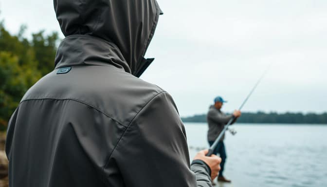 A stylish and functional fishing apparel collection, featuring a sleek, hydrodynamic jacket with built-in sensors that track environmental data and fishing conditions. In the foreground, a close-up view showcases the jacket's tactile, water-resistant fabric and discreet smartphone integration. The middle ground reveals a fisherman casting a line, the jacket's smart features seamlessly blending form and function. In the background, a serene lakeside setting with lush vegetation and a tranquil, overcast sky, creating a calming, immersive atmosphere for the angler's data-driven practice. A stylish and functional fishing apparel collection, featuring a sleek, hydrodynamic jacket with built-in sensors that track environmental data and fishing conditions. In the foreground, a close-up view showcases the jacket's tactile, water-resistant fabric and discreet smartphone integration. The middle ground reveals a fisherman casting a line, the jacket's smart features seamlessly blending form and function. In the background, a serene lakeside setting with lush vegetation and a tranquil, overcast sky, creating a calming, immersive atmosphere for the angler's data-driven practice.