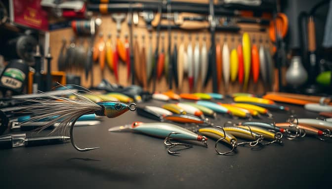A well-lit workspace with an array of specialized fishing lure-making tools and materials. In the foreground, a custom lure takes shape, its components meticulously arranged - hooks, swivels, and split rings. The middle ground showcases an assortment of finished lures in a variety of sizes, colors, and patterns, each optimized for a specific fish species. In the background, a tactfully blurred display of rods, reels, and other terminal tackle, hinting at the wider world of competitive angling. The scene exudes a sense of precision, dedication, and the relentless pursuit of the perfect fishing setup. A well-lit workspace with an array of specialized fishing lure-making tools and materials. In the foreground, a custom lure takes shape, its components meticulously arranged - hooks, swivels, and split rings. The middle ground showcases an assortment of finished lures in a variety of sizes, colors, and patterns, each optimized for a specific fish species. In the background, a tactfully blurred display of rods, reels, and other terminal tackle, hinting at the wider world of competitive angling. The scene exudes a sense of precision, dedication, and the relentless pursuit of the perfect fishing setup.