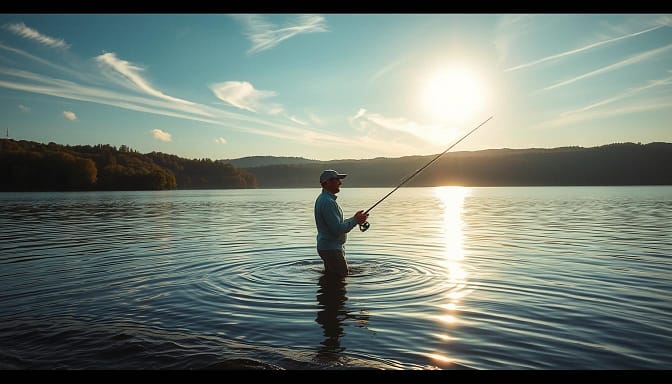 A serene lakeside setting, with a lone fisherman waist-deep in calm waters, casting his line with a gentle, focused motion. The sun filters through wispy clouds, casting a warm, meditative glow over the scene. In the background, lush green trees and rolling hills create a sense of tranquility, while the gentle lapping of the water provides a soothing soundtrack. The fisherman's posture is relaxed yet intentional, his expression one of deep concentration as he works to reset his mind after a challenging day. The image captures the restorative power of nature and the art of mental recovery through the simple act of fishing. A serene lakeside setting, with a lone fisherman waist-deep in calm waters, casting his line with a gentle, focused motion. The sun filters through wispy clouds, casting a warm, meditative glow over the scene. In the background, lush green trees and rolling hills create a sense of tranquility, while the gentle lapping of the water provides a soothing soundtrack. The fisherman's posture is relaxed yet intentional, his expression one of deep concentration as he works to reset his mind after a challenging day. The image captures the restorative power of nature and the art of mental recovery through the simple act of fishing.