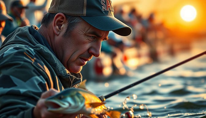 A tense tournament fishing scene: a professional angler deep in concentration, his brow furrowed as he expertly maneuvers his lure through the water. The sun casts a warm glow, illuminating the intense focus in his eyes. Around him, the bustling energy of a high-stakes competition, with fellow anglers lining the shores, their rods poised, all vying for the top prize. The background blurs, narrowing the viewer's attention to the angler's unwavering determination, the weight of the moment palpable. Crisp details capture the technical precision of his movements, the delicate balance of patience and split-second decision-making that defines tournament fishing at its finest. A tense tournament fishing scene: a professional angler deep in concentration, his brow furrowed as he expertly maneuvers his lure through the water. The sun casts a warm glow, illuminating the intense focus in his eyes. Around him, the bustling energy of a high-stakes competition, with fellow anglers lining the shores, their rods poised, all vying for the top prize. The background blurs, narrowing the viewer's attention to the angler's unwavering determination, the weight of the moment palpable. Crisp details capture the technical precision of his movements, the delicate balance of patience and split-second decision-making that defines tournament fishing at its finest.
