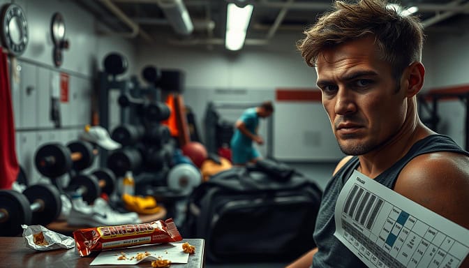 A cluttered training area, weights and gear scattered haphazardly, a player rushing to pack their bag moments before a big tournament. Harsh fluorescent lighting casts sharp shadows, creating a sense of tension and disorganization. In the foreground, a half-eaten energy bar and a crumpled schedule hint at poor time management. The player's expression is one of stress and uncertainty, a far cry from the focused determination needed for peak performance. The background reveals an empty, generic gym - a missed opportunity to customize the space and get into the right mindset. This scene captures the common mistakes of unpreparedness, lack of focus, and rushed last-minute preparations that can derail an athlete's mental and physical readiness for a tournament. A cluttered training area, weights and gear scattered haphazardly, a player rushing to pack their bag moments before a big tournament. Harsh fluorescent lighting casts sharp shadows, creating a sense of tension and disorganization. In the foreground, a half-eaten energy bar and a crumpled schedule hint at poor time management. The player's expression is one of stress and uncertainty, a far cry from the focused determination needed for peak performance. The background reveals an empty, generic gym - a missed opportunity to customize the space and get into the right mindset. This scene captures the common mistakes of unpreparedness, lack of focus, and rushed last-minute preparations that can derail an athlete's mental and physical readiness for a tournament.