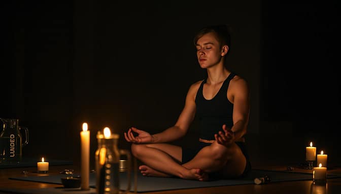 A focused athlete in a dimly lit room, deep in pre-tournament meditation. Warm candlelight flickers, casting a serene glow on their face as they sit cross-legged, palms resting on thighs. Surrounding them, subtle details emerge - a yoga mat, a pitcher of water, and a collection of inspirational tokens. The atmosphere is one of quiet concentration, the athlete's mind clear and poised, ready to channel their energy into peak performance. A focused athlete in a dimly lit room, deep in pre-tournament meditation. Warm candlelight flickers, casting a serene glow on their face as they sit cross-legged, palms resting on thighs. Surrounding them, subtle details emerge - a yoga mat, a pitcher of water, and a collection of inspirational tokens. The atmosphere is one of quiet concentration, the athlete's mind clear and poised, ready to channel their energy into peak performance.