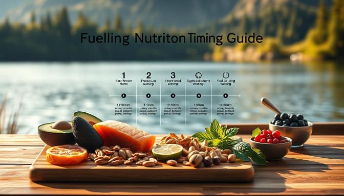 A high-resolution, beautifully-lit digital illustration of a "fishing nutrition timing guide". The foreground features a wooden cutting board with various healthy, fresh ingredients like salmon, avocado, nuts, and berries, arranged in a visually appealing manner. The middle ground showcases a clean, modern infographic with a simple timeline and icons denoting optimal times to consume different types of food and nutrients before, during, and after a fishing trip. The background blends a serene, natural landscape with a tranquil lakeside setting, evoking a sense of outdoor adventure and healthy, active living. Soft, natural lighting casts a warm, inviting glow over the entire scene. The overall composition is visually striking, informative, and aligned with the article's subject of "Fueling Performance: What to Eat & Drink for Peak Fishing". A high-resolution, beautifully-lit digital illustration of a "fishing nutrition timing guide". The foreground features a wooden cutting board with various healthy, fresh ingredients like salmon, avocado, nuts, and berries, arranged in a visually appealing manner. The middle ground showcases a clean, modern infographic with a simple timeline and icons denoting optimal times to consume different types of food and nutrients before, during, and after a fishing trip. The background blends a serene, natural landscape with a tranquil lakeside setting, evoking a sense of outdoor adventure and healthy, active living. Soft, natural lighting casts a warm, inviting glow over the entire scene. The overall composition is visually striking, informative, and aligned with the article's subject of "Fueling Performance: What to Eat & Drink for Peak Fishing".