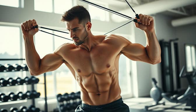 A muscular, shirtless male angler stands in a bright, sun-drenched gym, performing a series of explosive exercises with resistance bands. His chiseled physique and determined expression convey the intensity of his workout, as he prepares his body for the rigors of the upcoming fishing season. In the background, a rack of free weights and a rowing machine hint at the diverse training regimen. The scene is captured with a wide-angle lens, emphasizing the athlete's powerful movements and the well-equipped fitness facility that enables his off-season conditioning. A muscular, shirtless male angler stands in a bright, sun-drenched gym, performing a series of explosive exercises with resistance bands. His chiseled physique and determined expression convey the intensity of his workout, as he prepares his body for the rigors of the upcoming fishing season. In the background, a rack of free weights and a rowing machine hint at the diverse training regimen. The scene is captured with a wide-angle lens, emphasizing the athlete's powerful movements and the well-equipped fitness facility that enables his off-season conditioning.