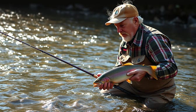 A seasoned angler stands knee-deep in a pristine stream, rod in hand, eyes narrowed in intense focus. Sunlight dances across the rippling water, casting a warm glow on the weathered features of the fisherman's face. In his mind, he sees the trophy trout lurking beneath the surface, its muscles coiled and ready to strike. With a fluid cast, he sends the line arcing gracefully through the air, the lure skipping across the current, mimicking the movements of a natural prey. Tension builds as the line goes taut, and in a burst of adrenaline, the angler sets the hook, his body poised for the fight ahead, every muscle memory honed by years of mental rehearsal and practice. A seasoned angler stands knee-deep in a pristine stream, rod in hand, eyes narrowed in intense focus. Sunlight dances across the rippling water, casting a warm glow on the weathered features of the fisherman's face. In his mind, he sees the trophy trout lurking beneath the surface, its muscles coiled and ready to strike. With a fluid cast, he sends the line arcing gracefully through the air, the lure skipping across the current, mimicking the movements of a natural prey. Tension builds as the line goes taut, and in a burst of adrenaline, the angler sets the hook, his body poised for the fight ahead, every muscle memory honed by years of mental rehearsal and practice.