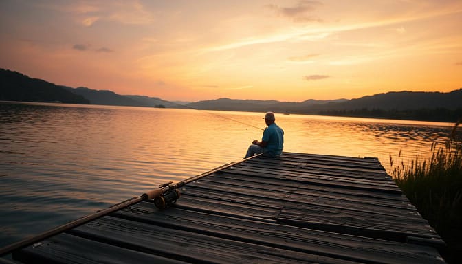 A serene lakeside scene at golden hour, with a lone fisherman sitting on a weathered dock, lost in contemplation. In the foreground, his fishing rod rests gently on the wooden planks, the line cast into the still, reflective waters. The middle ground features a soft, rolling landscape of lush greenery and distant hills, bathed in a warm, golden light. The background is a tranquil sky, painted with hues of orange, pink, and purple, creating a calming, introspective atmosphere. The overall scene conveys a sense of mindfulness, inviting the viewer to pause, breathe, and find solace in the simple pleasures of nature. A serene lakeside scene at golden hour, with a lone fisherman sitting on a weathered dock, lost in contemplation. In the foreground, his fishing rod rests gently on the wooden planks, the line cast into the still, reflective waters. The middle ground features a soft, rolling landscape of lush greenery and distant hills, bathed in a warm, golden light. The background is a tranquil sky, painted with hues of orange, pink, and purple, creating a calming, introspective atmosphere. The overall scene conveys a sense of mindfulness, inviting the viewer to pause, breathe, and find solace in the simple pleasures of nature.
