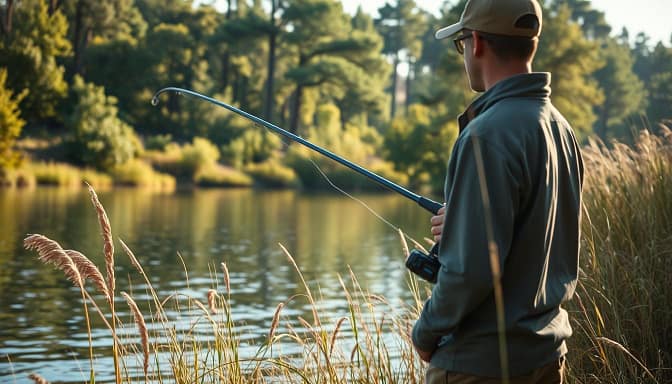 A serene lakeside scene, the gentle lapping of waves and the soft breeze rustling the tall grasses. In the foreground, a skilled angler stands poised, their fishing rod at the ready, eyes intently focused on the water's surface. The lighting is soft and natural, casting a warm glow over the scene. In the middle ground, a tranquil pond reflects the surrounding foliage, creating a sense of depth and calm. The background features a dense forest, its towering trees reaching skyward, casting dappled shadows on the water below. This image captures the essence of reaction time enhancement fishing practice, where patience, focus, and quick reflexes come together in a harmonious dance. A serene lakeside scene, the gentle lapping of waves and the soft breeze rustling the tall grasses. In the foreground, a skilled angler stands poised, their fishing rod at the ready, eyes intently focused on the water's surface. The lighting is soft and natural, casting a warm glow over the scene. In the middle ground, a tranquil pond reflects the surrounding foliage, creating a sense of depth and calm. The background features a dense forest, its towering trees reaching skyward, casting dappled shadows on the water below. This image captures the essence of reaction time enhancement fishing practice, where patience, focus, and quick reflexes come together in a harmonious dance.