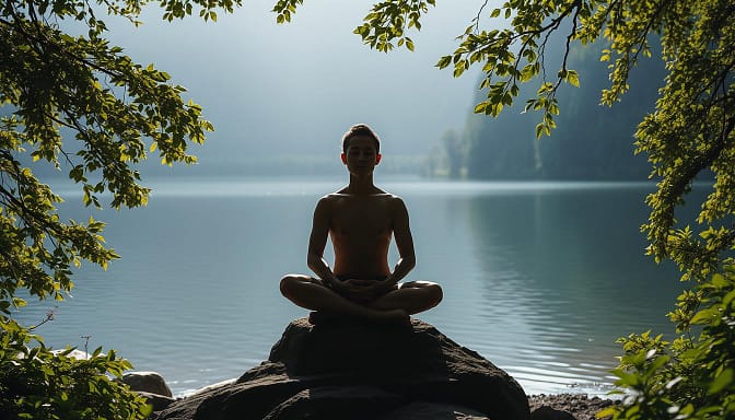 A serene lakeside scene, the surface of the water calm and reflective, surrounded by lush green foliage. In the foreground, a person sits cross-legged on a rock, eyes closed, hands resting gently in their lap, embodying a state of deep focus and tranquility. Soft, diffuse lighting filters through the trees, casting a warm, natural glow over the tranquil setting. The composition is balanced, with the person's silhouette centered and the landscape elements framing them, creating a sense of harmony and mindfulness. The overall atmosphere is one of stillness, contemplation, and a deep connection with the natural world. A serene lakeside scene, the surface of the water calm and reflective, surrounded by lush green foliage. In the foreground, a person sits cross-legged on a rock, eyes closed, hands resting gently in their lap, embodying a state of deep focus and tranquility. Soft, diffuse lighting filters through the trees, casting a warm, natural glow over the tranquil setting. The composition is balanced, with the person's silhouette centered and the landscape elements framing them, creating a sense of harmony and mindfulness. The overall atmosphere is one of stillness, contemplation, and a deep connection with the natural world.