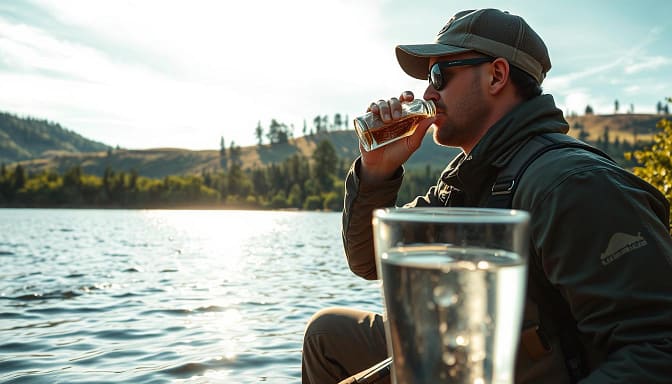 A serene lakeside scene, with a fisherman hydrating mid-cast. In the foreground, a glass of cool, clear water reflecting the warm sunlight filtering through wispy clouds. The fisherman, clad in rugged outdoor gear, pauses to take a refreshing sip, their eyes focused on the gently rippling water, ready to react to the slightest tug on the line. The middle ground features lush, verdant foliage lining the shore, and in the background, rolling hills dotted with tall pines create a tranquil, natural backdrop. The lighting is soft and diffused, lending a sense of calm and peacefulness to the moment. The camera angle is slightly elevated, capturing the scene from a slightly elevated vantage point, conveying a sense of calm observation. A serene lakeside scene, with a fisherman hydrating mid-cast. In the foreground, a glass of cool, clear water reflecting the warm sunlight filtering through wispy clouds. The fisherman, clad in rugged outdoor gear, pauses to take a refreshing sip, their eyes focused on the gently rippling water, ready to react to the slightest tug on the line. The middle ground features lush, verdant foliage lining the shore, and in the background, rolling hills dotted with tall pines create a tranquil, natural backdrop. The lighting is soft and diffused, lending a sense of calm and peacefulness to the moment. The camera angle is slightly elevated, capturing the scene from a slightly elevated vantage point, conveying a sense of calm observation.