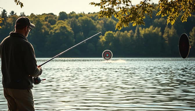 A tranquil lakeside scene, the surface of the water gently rippling. In the foreground, a fisherman stands poised, rod in hand, eyes intently scanning the water for the slightest movement. Sunlight filters through the trees, casting a warm, golden glow across the scene. The fisherman's reflexes are honed, ready to strike at the first sign of a bite. In the middle ground, a floating target drifts across the water, challenging the fisherman's reaction time and precision. The background is a lush, verdant forest, creating a serene and immersive environment for this on-the-water training exercise. The overall mood is one of focus, determination, and the thrill of the hunt. A tranquil lakeside scene, the surface of the water gently rippling. In the foreground, a fisherman stands poised, rod in hand, eyes intently scanning the water for the slightest movement. Sunlight filters through the trees, casting a warm, golden glow across the scene. The fisherman's reflexes are honed, ready to strike at the first sign of a bite. In the middle ground, a floating target drifts across the water, challenging the fisherman's reaction time and precision. The background is a lush, verdant forest, creating a serene and immersive environment for this on-the-water training exercise. The overall mood is one of focus, determination, and the thrill of the hunt.