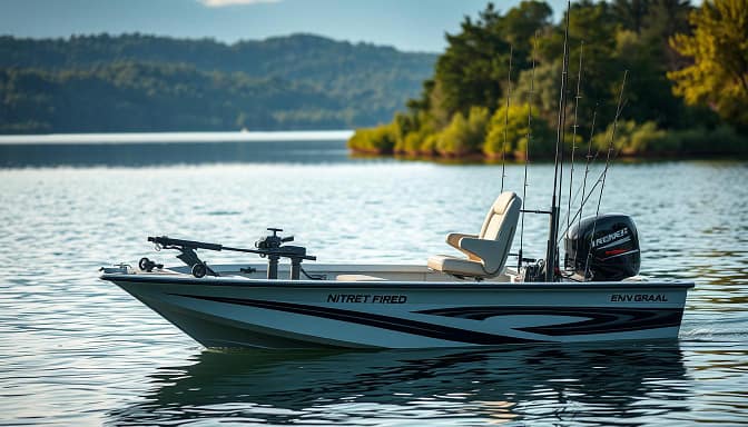 A well-lit, high-resolution photograph of an ergonomic fishing boat setup. The boat is positioned in a calm, serene body of water, surrounded by lush greenery and a picturesque landscape in the background. The camera is positioned at a slight angle, capturing the boat from the side, showcasing the carefully designed seating, rod holders, and other features that prioritize the angler's comfort and efficiency. The lighting is soft and natural, highlighting the textures and details of the boat's interior and exterior. The overall composition conveys a sense of tranquility and focus, highlighting the importance of ergonomics in creating a comfortable and productive fishing experience. A well-lit, high-resolution photograph of an ergonomic fishing boat setup. The boat is positioned in a calm, serene body of water, surrounded by lush greenery and a picturesque landscape in the background. The camera is positioned at a slight angle, capturing the boat from the side, showcasing the carefully designed seating, rod holders, and other features that prioritize the angler's comfort and efficiency. The lighting is soft and natural, highlighting the textures and details of the boat's interior and exterior. The overall composition conveys a sense of tranquility and focus, highlighting the importance of ergonomics in creating a comfortable and productive fishing experience.
