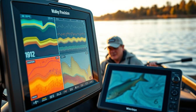 A detailed Walleye Precision Fishing electronics display, prominently featuring a sleek, modern touchscreen interface that showcases various sonar readings and GPS mapping suitable for walleye fishing. The foreground captures the bright and vibrant colors of the screen, with detailed graphics indicating depth, underwater structures, and fish locations. In the middle ground, an angler dressed in professional fishing attire observes the display intently, with focused determination. The background features a serene lake setting, with soft ripples reflecting the morning light and gentle trees lining the shore. The scene is illuminated with warm, natural sunlight, creating a calm and focused atmosphere, ideal for highlight the mastery of fishing electronics. A detailed Walleye Precision Fishing electronics display, prominently featuring a sleek, modern touchscreen interface that showcases various sonar readings and GPS mapping suitable for walleye fishing. The foreground captures the bright and vibrant colors of the screen, with detailed graphics indicating depth, underwater structures, and fish locations. In the middle ground, an angler dressed in professional fishing attire observes the display intently, with focused determination. The background features a serene lake setting, with soft ripples reflecting the morning light and gentle trees lining the shore. The scene is illuminated with warm, natural sunlight, creating a calm and focused atmosphere, ideal for highlight the mastery of fishing electronics.