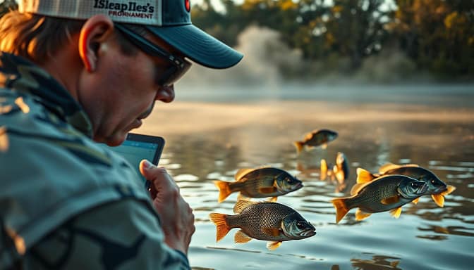 A dynamic scene capturing the behavior analysis of largemouth bass during tournament preparation. In the foreground, a detailed close-up of a fisherman's focused expression, wearing a professional fishing cap and sunglasses, studying a digital tablet displaying bass movement patterns. In the middle ground, several largemouth bass are depicted swimming just below the water surface, showcasing their typical pre-tournament behaviors like hiding among submerged structures and darting towards baitfish. The background features a serene lake at dawn, with mist rising and soft sunlight filtering through trees, enhancing the tranquil yet strategic atmosphere of competitive fishing. The lighting is warm and inviting, emphasizing the importance of the moment. The photograph is captured with a wide-angle lens to draw attention to both the fish and the observer, evoking a sense of anticipation and skillfulness in tournament preparation. A dynamic scene capturing the behavior analysis of largemouth bass during tournament preparation. In the foreground, a detailed close-up of a fisherman's focused expression, wearing a professional fishing cap and sunglasses, studying a digital tablet displaying bass movement patterns. In the middle ground, several largemouth bass are depicted swimming just below the water surface, showcasing their typical pre-tournament behaviors like hiding among submerged structures and darting towards baitfish. The background features a serene lake at dawn, with mist rising and soft sunlight filtering through trees, enhancing the tranquil yet strategic atmosphere of competitive fishing. The lighting is warm and inviting, emphasizing the importance of the moment. The photograph is captured with a wide-angle lens to draw attention to both the fish and the observer, evoking a sense of anticipation and skillfulness in tournament preparation.