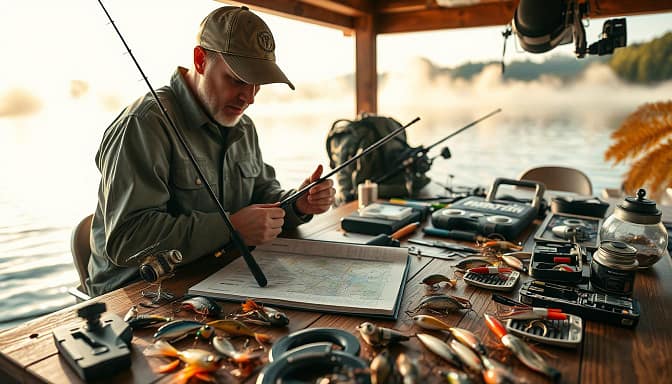 A professional angler prepping for a tournament, surrounded by various fishing gear and tackle setups, meticulously organized on a wooden table. In the foreground, a focused angler in modest casual clothing examines a fishing rod and bait options, with a notebook and map detailing fishing strategies. In the middle ground, various lures and tackle boxes are scattered, illustrating the meticulous organization needed for competition. In the background, a serene lake shines under early morning light, reflecting vibrant colors of nature, with a hint of fog rising above the water. The atmosphere is tense yet focused, capturing the anticipation of competition. The scene is shot at a slightly low angle to emphasize the angler’s concentration and the detailed gear laid out. Soft, warm lighting enhances the scene’s intensity, showcasing the determination and strategy involved in pro fishing. A professional angler prepping for a tournament, surrounded by various fishing gear and tackle setups, meticulously organized on a wooden table. In the foreground, a focused angler in modest casual clothing examines a fishing rod and bait options, with a notebook and map detailing fishing strategies. In the middle ground, various lures and tackle boxes are scattered, illustrating the meticulous organization needed for competition. In the background, a serene lake shines under early morning light, reflecting vibrant colors of nature, with a hint of fog rising above the water. The atmosphere is tense yet focused, capturing the anticipation of competition. The scene is shot at a slightly low angle to emphasize the angler’s concentration and the detailed gear laid out. Soft, warm lighting enhances the scene’s intensity, showcasing the determination and strategy involved in pro fishing.