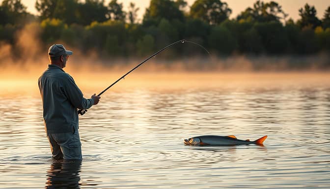 A serene lake at dawn, showcasing the figure-eight technique for musky fishing. In the foreground, a fisherman in modest casual attire expertly casts a line, using a fishing rod with a smooth, fluid motion, demonstrating the technique with grace. In the middle ground, the water ripples gently, reflecting the early morning light and the lush greenery lining the shore. A majestic musky fish can be seen just beneath the surface, creating an air of suspense as it follows the bait. The background features mist rising from the water, with soft sunlight filtering through the trees, casting a warm glow over the scene. The atmosphere is tranquil yet focused, encapsulating the peaceful pursuit of trophy muskie fishing. A serene lake at dawn, showcasing the figure-eight technique for musky fishing. In the foreground, a fisherman in modest casual attire expertly casts a line, using a fishing rod with a smooth, fluid motion, demonstrating the technique with grace. In the middle ground, the water ripples gently, reflecting the early morning light and the lush greenery lining the shore. A majestic musky fish can be seen just beneath the surface, creating an air of suspense as it follows the bait. The background features mist rising from the water, with soft sunlight filtering through the trees, casting a warm glow over the scene. The atmosphere is tranquil yet focused, encapsulating the peaceful pursuit of trophy muskie fishing.