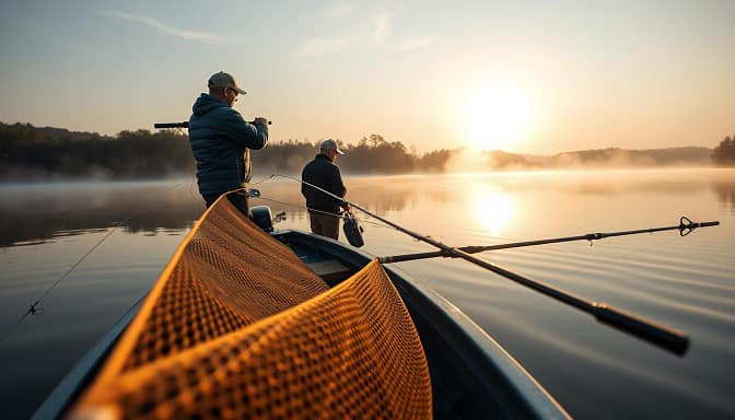 A serene lakeside scene at dawn, showcasing a detailed trolling optimization driftsock setup. In the foreground, focus on a sleek fishing boat equipped with professionally dressed anglers adjusting the driftsock and rigging lines, showcasing their expertise. The middle ground features a calm, reflective lake surrounded by lush greenery, with mist rising gently from the water. A well-structured fishing rod resting against the boat complements the scene. In the background, a rising sun casts a soft golden light, illuminating the tranquil environment and creating a warm, inviting atmosphere. Capture this from a slightly elevated angle, emphasizing both the anglers' concentration and the scenic beauty of the landscape, ensuring a sense of peaceful anticipation for a successful fishing experience. A serene lakeside scene at dawn, showcasing a detailed trolling optimization driftsock setup. In the foreground, focus on a sleek fishing boat equipped with professionally dressed anglers adjusting the driftsock and rigging lines, showcasing their expertise. The middle ground features a calm, reflective lake surrounded by lush greenery, with mist rising gently from the water. A well-structured fishing rod resting against the boat complements the scene. In the background, a rising sun casts a soft golden light, illuminating the tranquil environment and creating a warm, inviting atmosphere. Capture this from a slightly elevated angle, emphasizing both the anglers' concentration and the scenic beauty of the landscape, ensuring a sense of peaceful anticipation for a successful fishing experience.