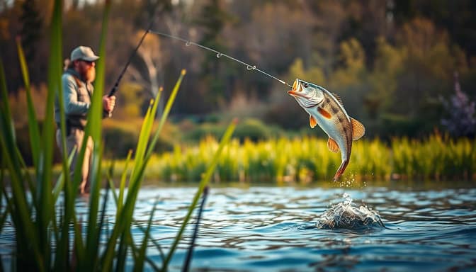 A serene lakeside scene featuring a skilled angler in modest casual clothing, attentively fishing for smallmouth bass during the spring season. In the foreground, vibrant green reeds sway gently, while the angler casts a line into the clear blue water. In the middle ground, a smallmouth bass leaping from the water showcases its striking colors, creating a dynamic moment. The background reveals a lush, wooded shoreline with hints of blooming flowers, suggesting the warming temperatures of spring. The lighting is warm and soft, with the sun setting low on the horizon, casting a golden glow across the scene. The overall mood is peaceful and focused, embodying the excitement of seasonal fishing strategies as anglers adapt to the changing environment. A serene lakeside scene featuring a skilled angler in modest casual clothing, attentively fishing for smallmouth bass during the spring season. In the foreground, vibrant green reeds sway gently, while the angler casts a line into the clear blue water. In the middle ground, a smallmouth bass leaping from the water showcases its striking colors, creating a dynamic moment. The background reveals a lush, wooded shoreline with hints of blooming flowers, suggesting the warming temperatures of spring. The lighting is warm and soft, with the sun setting low on the horizon, casting a golden glow across the scene. The overall mood is peaceful and focused, embodying the excitement of seasonal fishing strategies as anglers adapt to the changing environment.