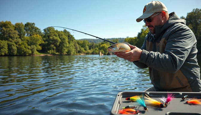 An experienced angler demonstrating advanced jigging techniques for smallmouth bass in a serene lake environment. In the foreground, the angler, dressed in a modern fishing jacket and cap, is skillfully casting a jig, showcasing intricate rod positioning. In the middle ground, the water ripples with subtle reflections of trees and the sky, while nearby, several colorful jigs are neatly arranged on a tackle box. The background features lush green foliage along the shore and distant hills under a clear blue sky. The scene is illuminated by soft, natural sunlight, creating a tranquil, inviting atmosphere. The image captures the precision and strategy behind the technique, focusing on the engagement between the angler and the aquatic setting. An experienced angler demonstrating advanced jigging techniques for smallmouth bass in a serene lake environment. In the foreground, the angler, dressed in a modern fishing jacket and cap, is skillfully casting a jig, showcasing intricate rod positioning. In the middle ground, the water ripples with subtle reflections of trees and the sky, while nearby, several colorful jigs are neatly arranged on a tackle box. The background features lush green foliage along the shore and distant hills under a clear blue sky. The scene is illuminated by soft, natural sunlight, creating a tranquil, inviting atmosphere. The image captures the precision and strategy behind the technique, focusing on the engagement between the angler and the aquatic setting.