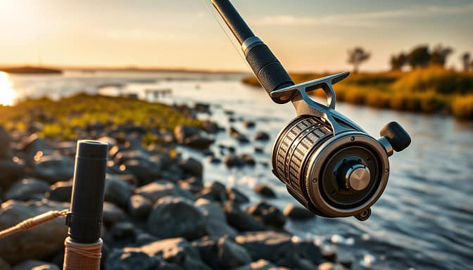A detailed composition showcasing a tidal tactics rod and reel setup specifically designed for striped bass. In the foreground, display a high-quality fishing rod with a robust reel, featuring visible strength indicators on the line. The line should be well-coiled and ready for action, with lures designed for navigating tidal currents. In the middle ground, include a lush, rocky shoreline accented with gentle waves reflecting sunlight, symbolizing the dynamic environment where striped bass are hunted. The background should feature a tranquil tidal river, framed by marsh grass and distant trees, under a warm golden hour sky. The lighting should be soft and natural, enhancing the equipment's details while creating an inviting and adventurous atmosphere, inspiring anglers to maximize their fishing experience. A detailed composition showcasing a tidal tactics rod and reel setup specifically designed for striped bass. In the foreground, display a high-quality fishing rod with a robust reel, featuring visible strength indicators on the line. The line should be well-coiled and ready for action, with lures designed for navigating tidal currents. In the middle ground, include a lush, rocky shoreline accented with gentle waves reflecting sunlight, symbolizing the dynamic environment where striped bass are hunted. The background should feature a tranquil tidal river, framed by marsh grass and distant trees, under a warm golden hour sky. The lighting should be soft and natural, enhancing the equipment's details while creating an inviting and adventurous atmosphere, inspiring anglers to maximize their fishing experience.