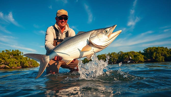 A dynamic scene capturing the technique of jump management while fishing for tarpon. In the foreground, a skilled angler in professional fishing attire is focused on controlling a large silver tarpon mid-leap above the water. Their expression shows determination and excitement. The middle ground features the vibrant ripples and splashes created as the fish breaks the surface, showcasing its iridescent scales catching the sunlight. The background displays a serene inshore landscape with lush mangroves under a bright blue sky, with wispy clouds enhancing the tranquil atmosphere. The lighting is warm and crisp, evoking a perfect fishing day, shot from a low angle to emphasize the action. Aim for a sense of adventure and skill, highlighting the intense interaction between angler and fish. A dynamic scene capturing the technique of jump management while fishing for tarpon. In the foreground, a skilled angler in professional fishing attire is focused on controlling a large silver tarpon mid-leap above the water. Their expression shows determination and excitement. The middle ground features the vibrant ripples and splashes created as the fish breaks the surface, showcasing its iridescent scales catching the sunlight. The background displays a serene inshore landscape with lush mangroves under a bright blue sky, with wispy clouds enhancing the tranquil atmosphere. The lighting is warm and crisp, evoking a perfect fishing day, shot from a low angle to emphasize the action. Aim for a sense of adventure and skill, highlighting the intense interaction between angler and fish.