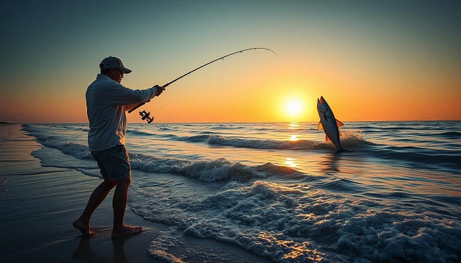A dynamic scene depicting a skilled angler standing on a picturesque inshore beach at dawn, executing power casting techniques while targeting tarpon. The foreground features the angler in professional lightweight fishing attire, mid-cast, with a focus on their form and technique. The middle ground showcases the silhouette of a leaping tarpon emerging from the shimmering water, capturing the essence of the fight. In the background, the sun rises over tranquil waves, casting a warm golden light that reflects off the ocean surface, enhancing the atmosphere of a perfect fishing day. Utilize a wide-angle lens to capture the expansive scene, creating a sense of depth and action in the composition. The mood is adventurous and focused, emphasizing the thrill of inshore fishing. A dynamic scene depicting a skilled angler standing on a picturesque inshore beach at dawn, executing power casting techniques while targeting tarpon. The foreground features the angler in professional lightweight fishing attire, mid-cast, with a focus on their form and technique. The middle ground showcases the silhouette of a leaping tarpon emerging from the shimmering water, capturing the essence of the fight. In the background, the sun rises over tranquil waves, casting a warm golden light that reflects off the ocean surface, enhancing the atmosphere of a perfect fishing day. Utilize a wide-angle lens to capture the expansive scene, creating a sense of depth and action in the composition. The mood is adventurous and focused, emphasizing the thrill of inshore fishing.