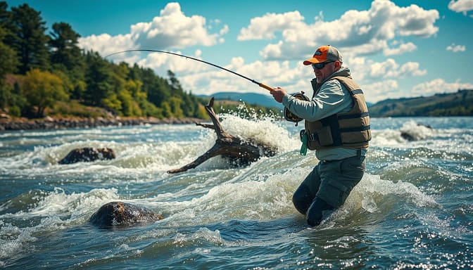 A dynamic scene showcasing modern fishing techniques in strong currents, focusing on an angler skillfully navigating tidal flows. In the foreground, the angler, dressed in functional fishing attire with a life vest, is casting a line with precision, showcasing the technique of lure presentation. The middle ground features turbulent water, splashing around rocks and driftwood, capturing the energy of the current. In the background, a lush riverside landscape with trees and distant hills, under a bright blue sky with fluffy clouds, adds depth to the scene. The lighting is bright and sunny, creating shimmering reflections on the water's surface, evoking a sense of adventure and expertise in fishing. The overall mood is energetic and focused, highlighting the thrill of fishing in challenging conditions. A dynamic scene showcasing modern fishing techniques in strong currents, focusing on an angler skillfully navigating tidal flows. In the foreground, the angler, dressed in functional fishing attire with a life vest, is casting a line with precision, showcasing the technique of lure presentation. The middle ground features turbulent water, splashing around rocks and driftwood, capturing the energy of the current. In the background, a lush riverside landscape with trees and distant hills, under a bright blue sky with fluffy clouds, adds depth to the scene. The lighting is bright and sunny, creating shimmering reflections on the water's surface, evoking a sense of adventure and expertise in fishing. The overall mood is energetic and focused, highlighting the thrill of fishing in challenging conditions.
