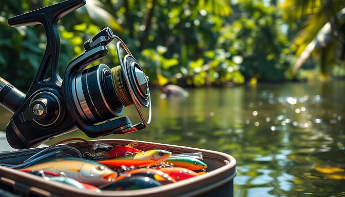 A dynamic close-up of a power fishing gear setup, featuring a high-end spinning rod and a robust baitcasting reel, showcasing intricate details like braided line and colorful lures. In the foreground, display a well-worn tackle box overflowing with vibrant peacock bass lures and fishing accessories. The middle ground should include a serene tropical river scene, reflecting dappled sunlight filtering through lush green foliage. Capture the reflection of the gear's polished components in the water, while hints of vibrant peacock bass can be seen just below the surface. Use bright, natural lighting to emphasize the colors and textures of the setup. The atmosphere should convey excitement and readiness for a thrilling fishing adventure. A dynamic close-up of a power fishing gear setup, featuring a high-end spinning rod and a robust baitcasting reel, showcasing intricate details like braided line and colorful lures. In the foreground, display a well-worn tackle box overflowing with vibrant peacock bass lures and fishing accessories. The middle ground should include a serene tropical river scene, reflecting dappled sunlight filtering through lush green foliage. Capture the reflection of the gear's polished components in the water, while hints of vibrant peacock bass can be seen just below the surface. Use bright, natural lighting to emphasize the colors and textures of the setup. The atmosphere should convey excitement and readiness for a thrilling fishing adventure.