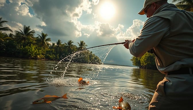 A dynamic scene capturing the essence of rapid-fire casting techniques for peacock bass fishing. In the foreground, a focused angler, dressed in a light, breathable shirt and fishing vest, expertly casts a vibrant lure in a sweeping motion. Water splashes dramatically as the lure skims the surface, creating ripples that suggest movement. The middle ground features lush, tropical vegetation lining a serene river, with hints of peacock bass lurking beneath the water's surface. The background showcases a striking, sunlit sky framed by dense clouds, casting warm golden rays across the scene, enhancing the vibrant colors. The composition is shot from a low angle to emphasize the action of the cast and immerse the viewer in the fishing experience, evoking excitement and anticipation in this exotic fishing environment. A dynamic scene capturing the essence of rapid-fire casting techniques for peacock bass fishing. In the foreground, a focused angler, dressed in a light, breathable shirt and fishing vest, expertly casts a vibrant lure in a sweeping motion. Water splashes dramatically as the lure skims the surface, creating ripples that suggest movement. The middle ground features lush, tropical vegetation lining a serene river, with hints of peacock bass lurking beneath the water's surface. The background showcases a striking, sunlit sky framed by dense clouds, casting warm golden rays across the scene, enhancing the vibrant colors. The composition is shot from a low angle to emphasize the action of the cast and immerse the viewer in the fishing experience, evoking excitement and anticipation in this exotic fishing environment.
