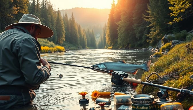 A serene river scene depicting a dedicated angler using upstream techniques with drift and deep rigs for king salmon fishing. In the foreground, the angler, dressed in professional fishing attire and a comfortable wide-brimmed hat, is focused on adjusting their gear, with a fishing rod poised over the water. The middle ground features crystal-clear river water lined with lush green banks and vibrant wildflowers, while an array of fishing rigs, floats, and lures can be seen scattered nearby. The background showcases a tranquil forest landscape illuminated by soft, golden afternoon sunlight filtering through the leaves, reflecting a peaceful yet focused mood. The image captures the essence of professional fishing techniques and the beauty of nature, with a shallow depth of field to highlight the angler and equipment against the captivating scenery. A serene river scene depicting a dedicated angler using upstream techniques with drift and deep rigs for king salmon fishing. In the foreground, the angler, dressed in professional fishing attire and a comfortable wide-brimmed hat, is focused on adjusting their gear, with a fishing rod poised over the water. The middle ground features crystal-clear river water lined with lush green banks and vibrant wildflowers, while an array of fishing rigs, floats, and lures can be seen scattered nearby. The background showcases a tranquil forest landscape illuminated by soft, golden afternoon sunlight filtering through the leaves, reflecting a peaceful yet focused mood. The image captures the essence of professional fishing techniques and the beauty of nature, with a shallow depth of field to highlight the angler and equipment against the captivating scenery.