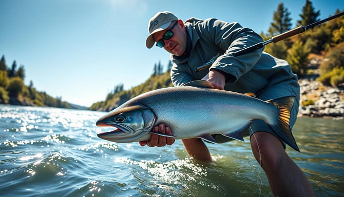 A skilled angler in modest casual clothing expertly handles a drift fishing rod, demonstrating precise techniques for reeling in a king salmon. The foreground captures the angler's focused expression as they maintain a firm grip on the rod, bending slightly at the knees to counter the fish’s resistance. In the middle ground, shimmering water reflects the sunlight, with gentle ripples hinting at the fish beneath. The background features a scenic riverbank lined with lush greenery, under a clear blue sky. The lighting is bright and natural, emphasizing the excitement and intensity of the fishing moment. The composition is shot from a slight low angle, creating a sense of action and appropriate tension, while conveying the essence of mastery in rod handling amidst a picturesque setting. A skilled angler in modest casual clothing expertly handles a drift fishing rod, demonstrating precise techniques for reeling in a king salmon. The foreground captures the angler's focused expression as they maintain a firm grip on the rod, bending slightly at the knees to counter the fish’s resistance. In the middle ground, shimmering water reflects the sunlight, with gentle ripples hinting at the fish beneath. The background features a scenic riverbank lined with lush greenery, under a clear blue sky. The lighting is bright and natural, emphasizing the excitement and intensity of the fishing moment. The composition is shot from a slight low angle, creating a sense of action and appropriate tension, while conveying the essence of mastery in rod handling amidst a picturesque setting.