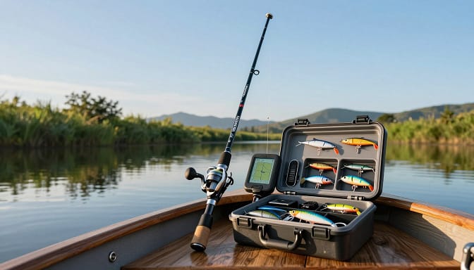 A dynamic scene showcasing innovative fishing tools positioned thoughtfully on a wooden fishing boat. In the foreground, a sleek, high-tech fishing rod with an integrated GPS system leans against the boat, glimmering under the morning sunlight. Next to it, a compact tackle box with modular compartments displays various innovative lures and gadgets, emphasizing their blend of tradition and modernity. In the middle ground, the tranquil water reflects a serene landscape of lush greenery and distant hills. The background features a clear blue sky, with soft, diffused sunlight creating a warm and inviting atmosphere. The mood conveys a sense of adventure and innovation in the art of fishing, inviting viewers to explore the new possibilities in tactical positioning. A dynamic scene showcasing innovative fishing tools positioned thoughtfully on a wooden fishing boat. In the foreground, a sleek, high-tech fishing rod with an integrated GPS system leans against the boat, glimmering under the morning sunlight. Next to it, a compact tackle box with modular compartments displays various innovative lures and gadgets, emphasizing their blend of tradition and modernity. In the middle ground, the tranquil water reflects a serene landscape of lush greenery and distant hills. The background features a clear blue sky, with soft, diffused sunlight creating a warm and inviting atmosphere. The mood conveys a sense of adventure and innovation in the art of fishing, inviting viewers to explore the new possibilities in tactical positioning.