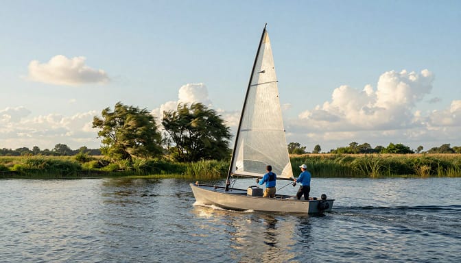 A serene lakeside scene capturing the essence of wind strategy in fishing. In the foreground, a tactical fishing boat gently glides on calm waters, its fishermen dressed in professional attire, focused on adjusting their sails to utilize the wind effectively. In the middle ground, a shore lined with lush greenery and distant trees swaying in the breeze sets the stage for adaptable positioning. In the background, a clear blue sky with fluffy white clouds hints at favorable wind conditions. The lighting is warm and inviting, casting soft reflections on the water's surface, emphasizing the tranquil yet strategic atmosphere of the moment. The angle is slightly elevated, providing a comprehensive view of both the boat's actions and the surrounding landscape, perfectly illustrating the concept of tactical adjustments in response to wind conditions. A serene lakeside scene capturing the essence of wind strategy in fishing. In the foreground, a tactical fishing boat gently glides on calm waters, its fishermen dressed in professional attire, focused on adjusting their sails to utilize the wind effectively. In the middle ground, a shore lined with lush greenery and distant trees swaying in the breeze sets the stage for adaptable positioning. In the background, a clear blue sky with fluffy white clouds hints at favorable wind conditions. The lighting is warm and inviting, casting soft reflections on the water's surface, emphasizing the tranquil yet strategic atmosphere of the moment. The angle is slightly elevated, providing a comprehensive view of both the boat's actions and the surrounding landscape, perfectly illustrating the concept of tactical adjustments in response to wind conditions.