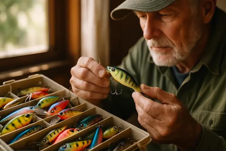 Catfish rods, reels, monofilament line, and bright lures laid out for selection