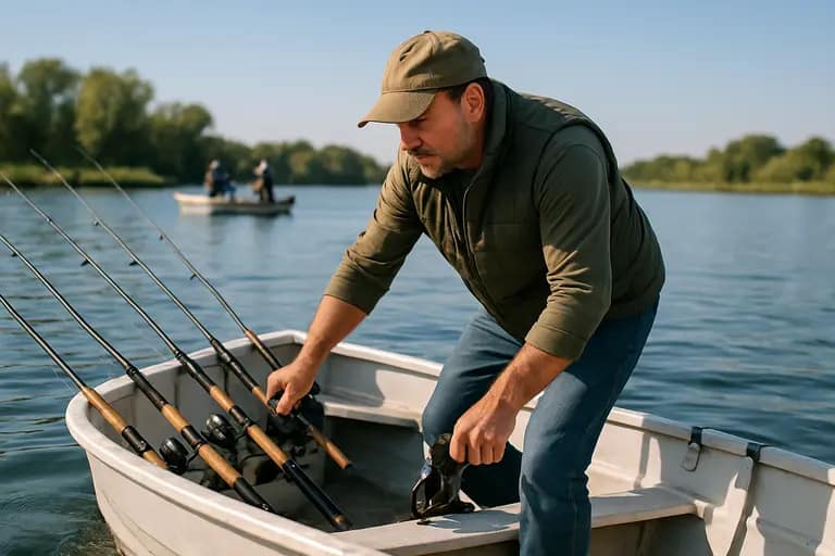 Fishing boat positioned near a current seam with rods set toward a drop-off