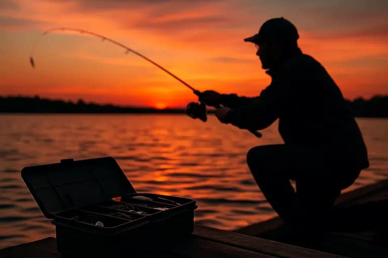 Angler pitching a bait toward shallow cover near docks and shoreline brush