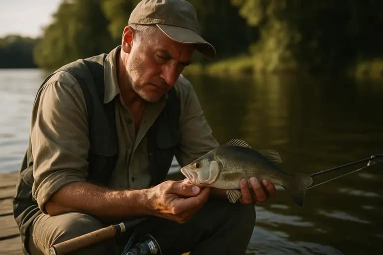 Angler releases a trout in the water with wet hands and a rubber net