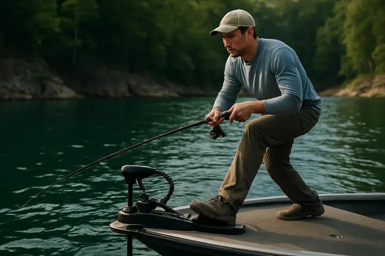 Boat positioned off a channel break while an angler casts across open water