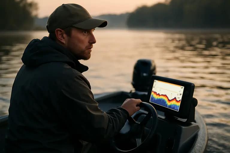 Catfish angler practicing boat control while watching a fish finder