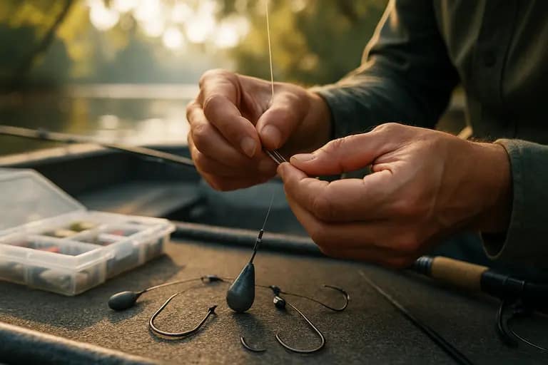 Circle hooks, sinkers, leaders, and cut bait arranged on a tackle tray