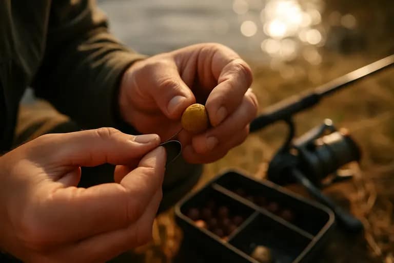 Heavy catfish rod, circle hooks, pliers, and cut bait arranged on a boat deck