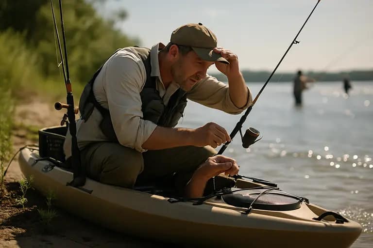Kayak angler with compact cooler and sun gear on calm summer water