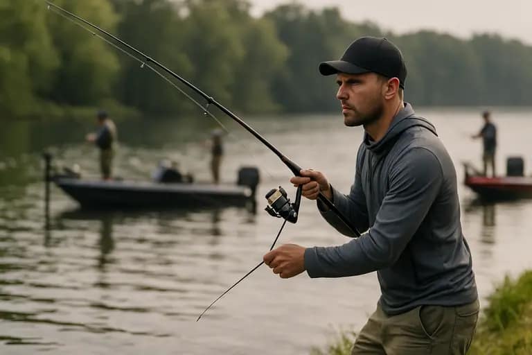 Spinning rod tip held low while an angler works a drop-shot near deep structure