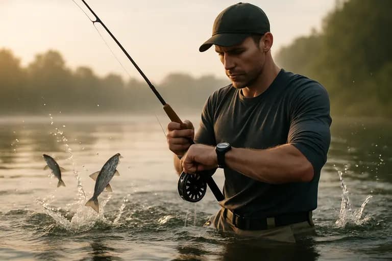 Tournament angler switching lures while keeping water and snacks nearby