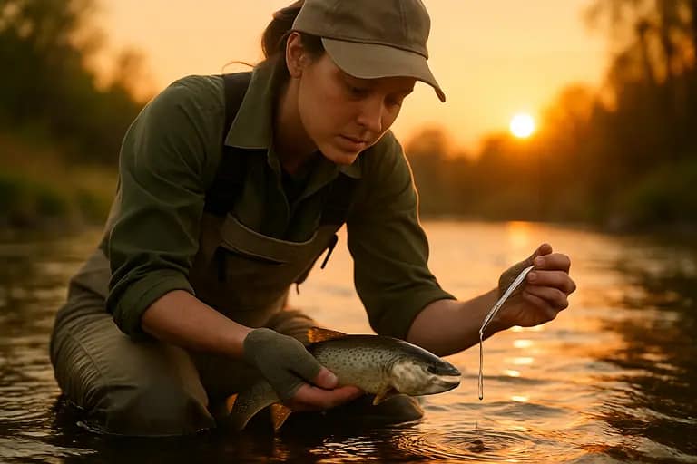 Trout resting in a wet landing net while an angler prepares forceps